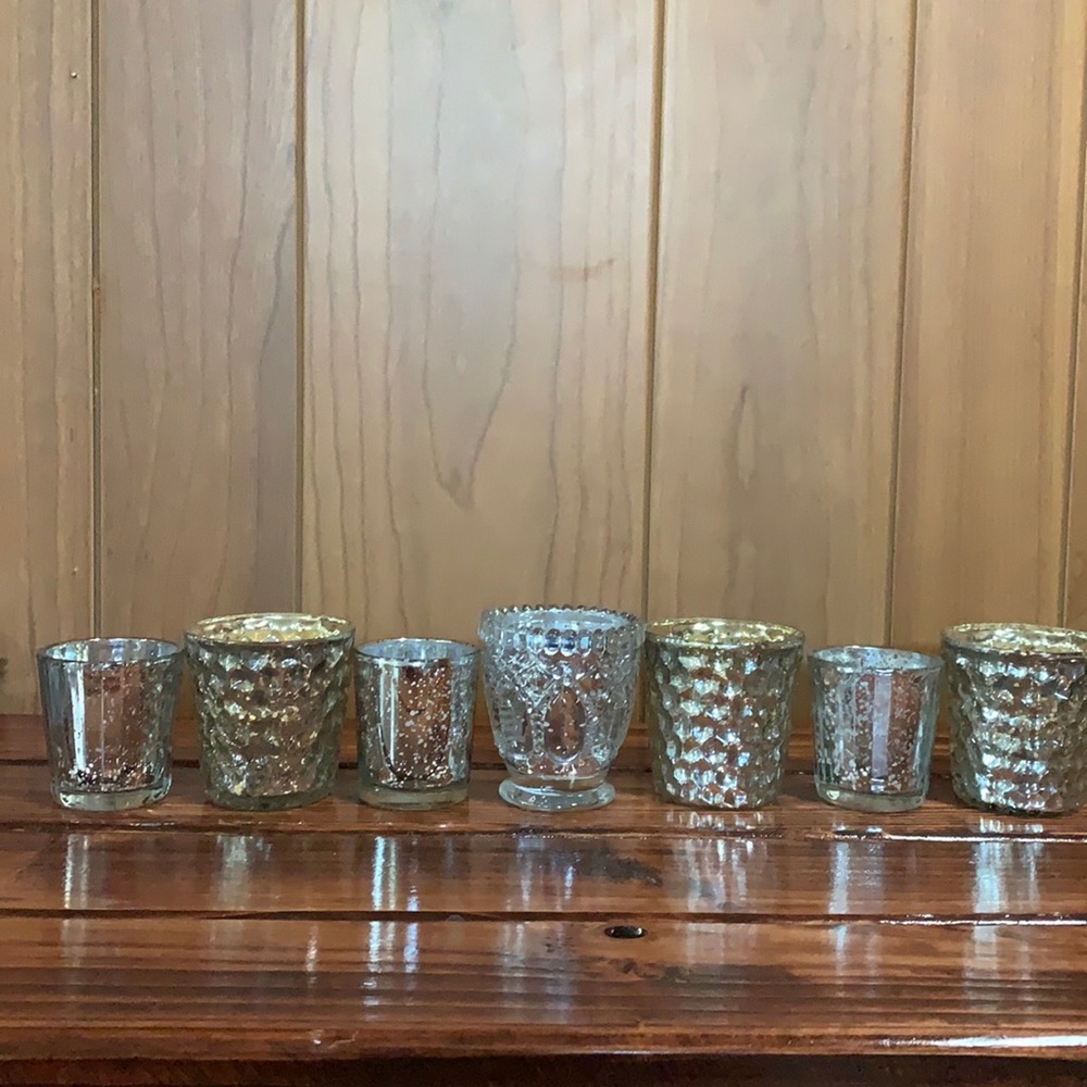Assorted Silver and Champagne votive holders, set of 7